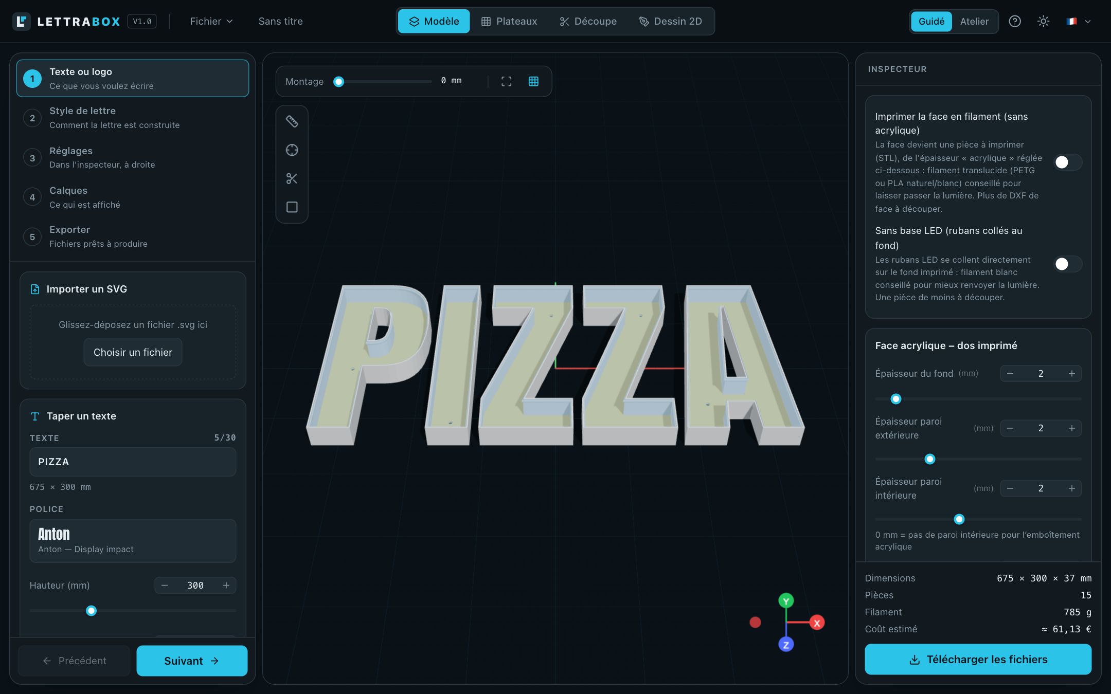 L'appli LettraBox en mode Guidé : les étapes à gauche, le mot PIZZA en lettres boîtier 3D au centre, les réglages et le coût estimé à droite