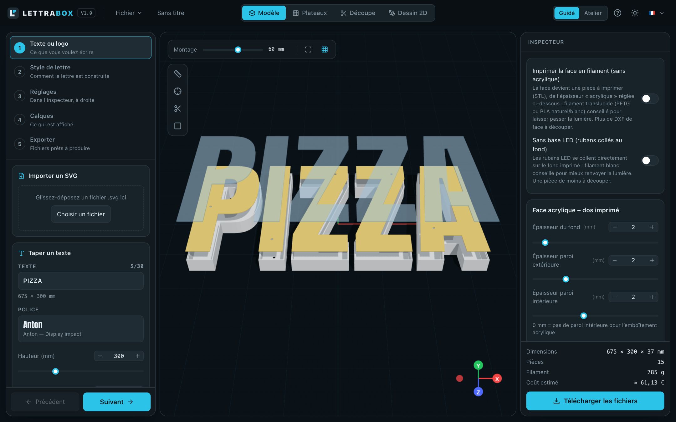 Vue éclatée des lettres PIZZA : le boîtier imprimé en bas, la base LED jaune au milieu, la face acrylique bleutée au-dessus